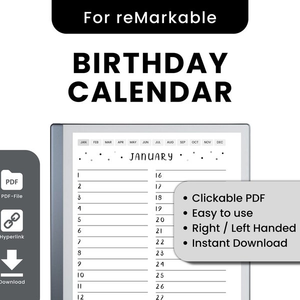Birthday Calendar for Remarkable | Birthday Tracker | Remarkable 2 Templates | Instant Download
