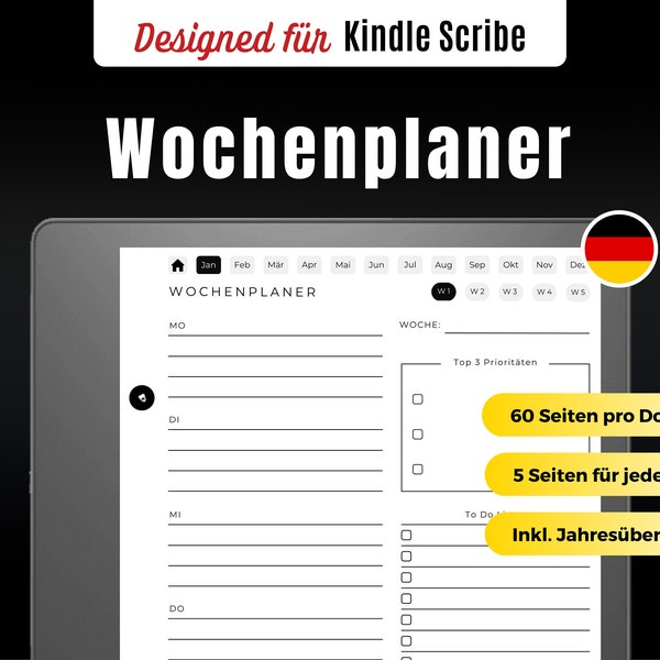 Wochenplaner für Kindle Scribe | Undatierter Planer | Kindle Scribe Vorlagen Deutsch | Minimalistischer Planer | Digitaler Download