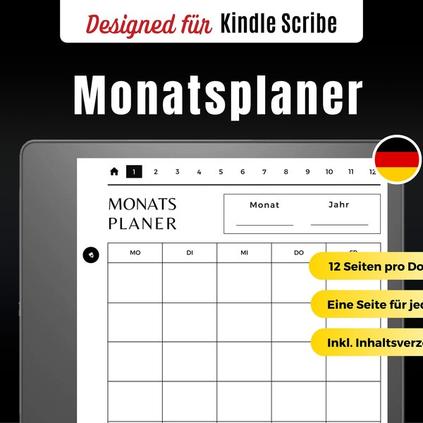 Minimalistischer Planer für Kindle Scribe | Monatsplaner Undatiert | Kindle Scribe Vorlagen Deutsch | Digitaler Download | Terminplaner