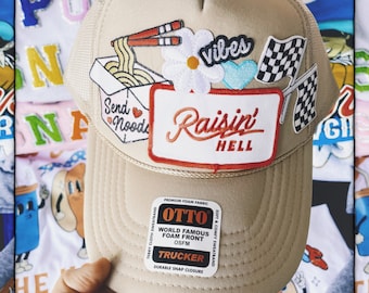 Raisin' Hell Trucker Hat/ Zomer Trucker Hoed/ Patches/ Custom Trucker Hoed/ Patch Trucker Hoed