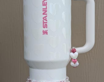 Stanley Cup Charm Bracelets: Pink White Heart Beads, Rhinestone Accent Accessories