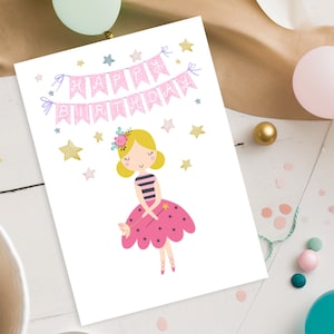 Printable Ballerina Birthday Card Happy Birthday Ballet Birthday Girl Ballerina Dance B-day Card Cute Ballerina Girl Dancing 5x7 Card