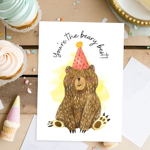 Cartão de feliz aniversário para impressão, cartão de aniversário de urso, cartão de aniversário infantil, animal fofo, cartão de aniversário, aquarela, b-dia, 5x7, cartão de felicitações
