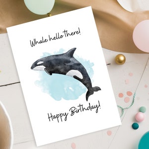 Cartão de feliz aniversário para impressão, cartão de aniversário orca, cartão de aniversário infantil, baleia assassina, animal, aquarela, dia b, 5x7, cartão de felicitações