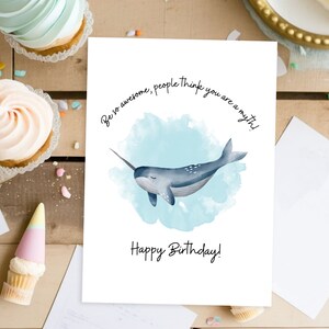 Cartão de feliz aniversário para impressão Cartão de aniversário de Narwhal Cartão de aniversário infantil Cartão de aniversário de animal fofo Cartão em aquarela B-Day 5 x 7 Cartão de felicitações