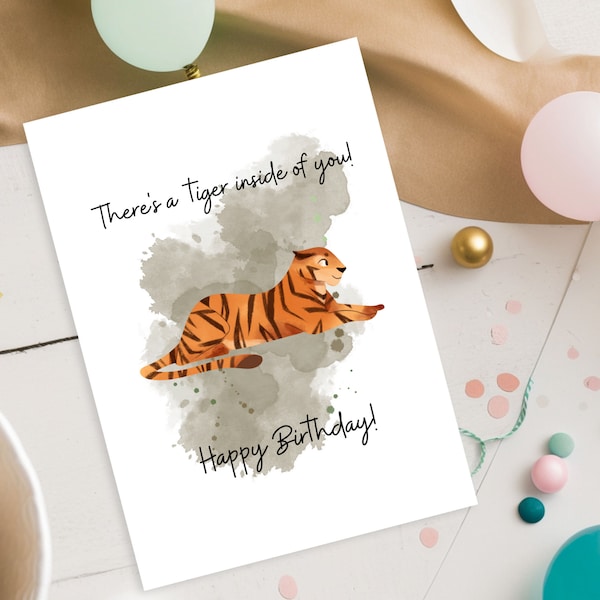 Printable Happy Birthday Card Tiger Birthday Card Child Birthday Card Cute Animal Birthday Card Watercolor Card B-Day 5 x 7 Greeting Card