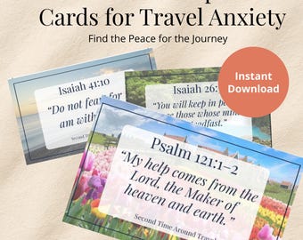 Tarjetas imprimibles con versículos bíblicos para la ansiedad al viajar, el miedo a volar y el ánimo cristiano (descarga digital).