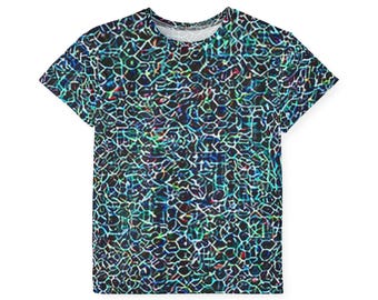 May include: A short-sleeved t-shirt with an all-over abstract pattern. The design features a network of interconnected shapes in shades of blue, green, and red against a black background. The shirt has a crew neck and a standard fit.