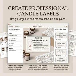Peut inclure: Une interface numérique pour créer des étiquettes de bougies professionnelles intitulée The Tartan Wick. L'écran affiche un générateur d'étiquettes, un aperçu en direct d'une étiquette d'avertissement Lavender & Cedar et une bibliothèque.