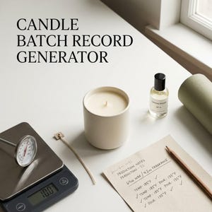 May include: A Candle Batch Record Generator digital tool set includes a white ceramic candle, a small bottle of Sandalwood No. 4 fragrance oil, a digital scale with a thermometer, a wick, and a notepad with handwritten production notes and measurements.