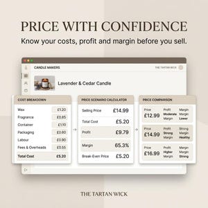 May include: A digital interface titled PRICE WITH CONFIDENCE featuring a cost breakdown, price scenario calculator, and price comparison table for a Lavender & Cedar Candle. The display shows itemized costs in British pounds and profit margins.