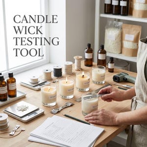 May include: A candle wick testing tool set on a wooden table, featuring several glass jars with lit candles, digital scales, spools of wick, amber bottles, a metal ruler, a pencil, and a paper log sheet with the text CANDLE WICK TESTING TOOL.