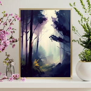 Purple Forest Watercolor Painting For Print Forest Trail Wall Art Home Decor For Living Room Bedroom Digital Download