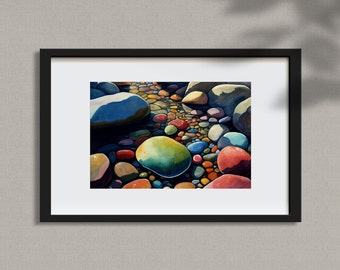 River Rocks Water Color Painting Colorful Wall Art For Bedroom River Rocks Art Colorful Home Office Wall Decor Digital Download for Print