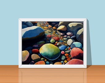 Water Color River Pebbles Painting Nature Wall Art River Pebbles Wall Decor Nature Art Nature Decor Digital Download for Print