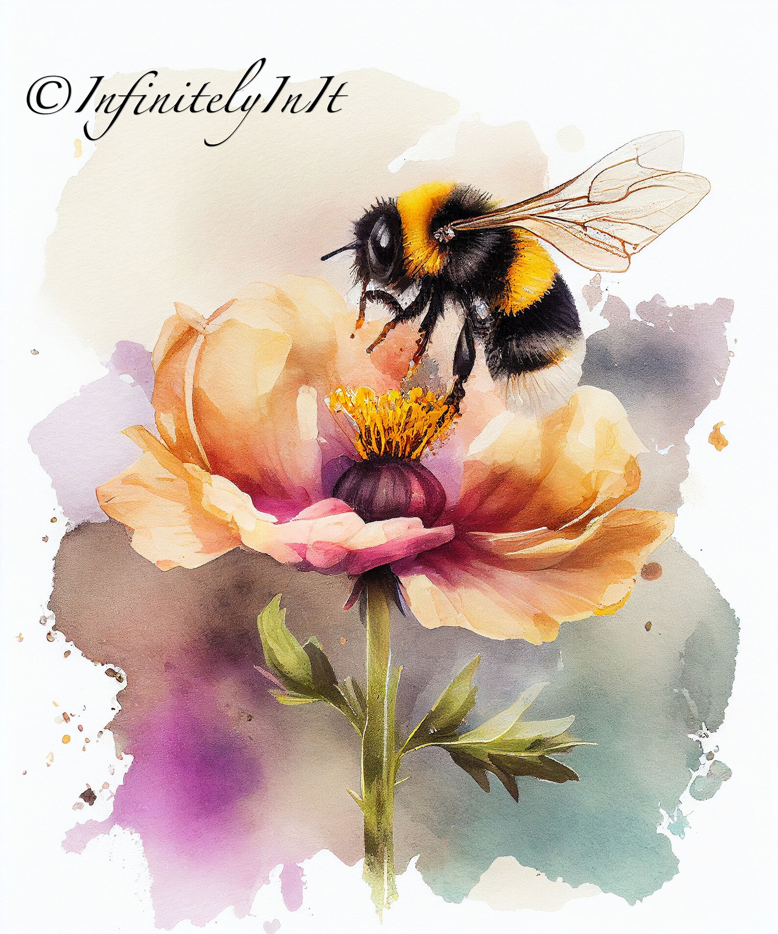 Bee On A Flower Watercolor Wall Art Flower Watercolor For Home Decor 