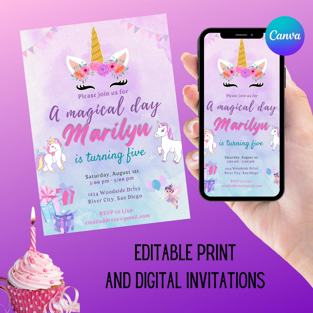 Unicorn Birthday Invitation, Printable 5x7 Invitation, Digital Invitation, and Bonus Printable