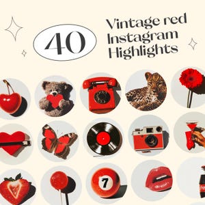 Może przedstawiać: Zbiór 40 ikon wyróżnień na Instagramie w stylu vintage. Ikony przedstawiają misia, telefon, płytę, aparat fotograficzny, usta i inne czerwone obiekty. Tekst brzmi "Vintage red Instagram Highlights."