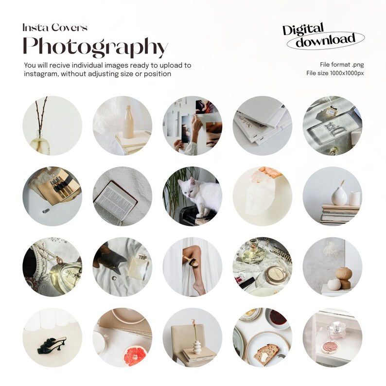 May include: A set of 20 Instagram story templates featuring various still life photography scenes. The images include a book, a cat, a glass bottle, a vase, a grapefruit, a chair, a cup of tea, and other objects. The images are all in a minimalist style with a white background.