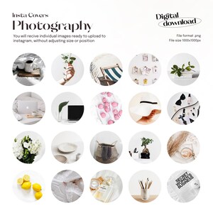 May include: A set of 16 Instagram story covers featuring various lifestyle and aesthetic images. The images include a cup of coffee, a plant, a beach chair, a laptop, a stack of books, a hat, a plate, a basket, lemons, a perfume bottle, and a vase with pencils. The text "SECRET WOMEN'S BUSINESS" is also included in one of the images.