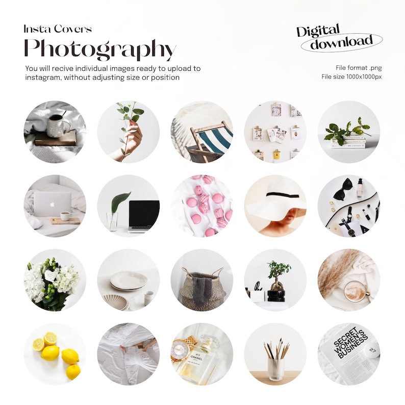 May include: A set of 16 Instagram story covers featuring various lifestyle and aesthetic images. The images include a cup of coffee, a plant, a beach chair, a laptop, a stack of books, a hat, a plate, a basket, lemons, a perfume bottle, and a vase with pencils. The text "SECRET WOMEN'S BUSINESS" is also included in one of the images.