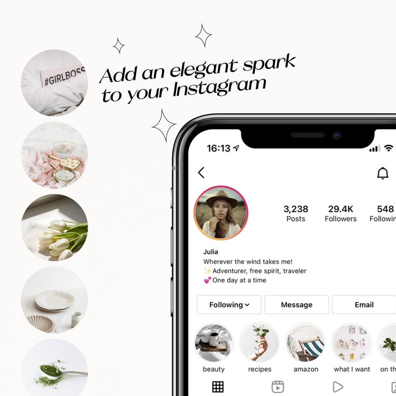 May include: A screenshot of an Instagram profile page with the username "Julia". The profile picture shows a woman wearing a hat. The profile bio reads "Wherever the wind takes me! Adventurer, free spirit, traveler. One day at a time." The profile has 3,238 posts, 29.4K followers, and 548 people following.
