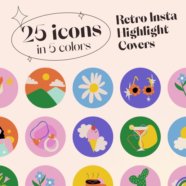 Retro Icons Instagram Highlight Cover, Vintage Groovy Instagram Highlights, Funky Covers, Cute, Hippie, Pink, Flower, Green, Colorful