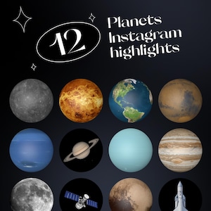 May include: Twelve Instagram highlight icons featuring planets in a circular grid. The icons are black and white with a white outline. The planets are Mercury, Venus, Earth, Mars, Jupiter, Saturn, Uranus, Neptune, Pluto, the Moon, a satellite, and a rocket.