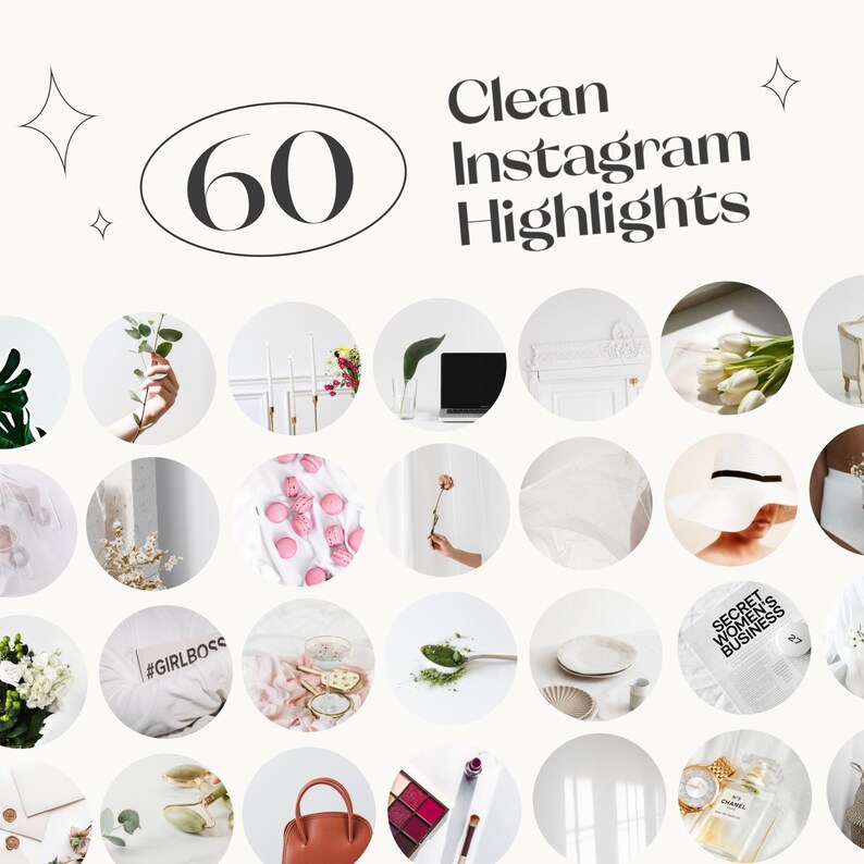 May include: A collection of 60 Instagram highlight covers with a clean aesthetic. The covers feature various images, including flowers, candles, a laptop, a plate, a notebook, and a handbag.