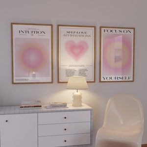 Conjunto de 3 pósteres de aura, póster del número angelical 111, afirmaciones de amor propio con corazón rosa, arte de pared de aura para enfocarse en uno mismo, descarga instantánea