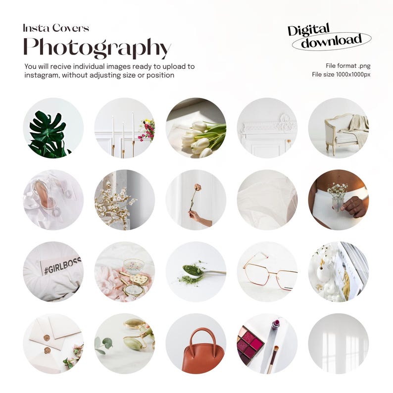 May include: A set of 18 Instagram story templates featuring various images, including flowers, candles, a white chair, a hand holding a flower, a spoon with green powder, a pair of glasses, a white vase with a white flower, a pillow with the text "#GIRLBOSS", a makeup palette, and a window with sunlight streaming through.