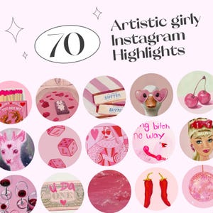 May include: A collection of 70 artistic girly Instagram highlight covers in a pink color scheme. The covers feature various illustrations, including a goose with heart-shaped sunglasses, cherries, and text that reads "YOU ARE MY".