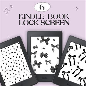 May include: Three Kindle e-readers with different lock screen designs. The first screen has a pattern of small black hearts on a white background. The second screen has a pattern of black bows on a white background. The third screen has a pattern of black bows with small hearts on a white background. The text "Kindle" is visible on the bottom of each screen.