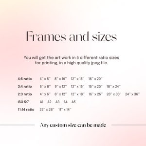 May include: A white text graphic on a pink background with the text "Frames and sizes". The graphic lists different aspect ratios and corresponding sizes in inches for printing art work. The text also includes the phrase "Any custom size can be made".