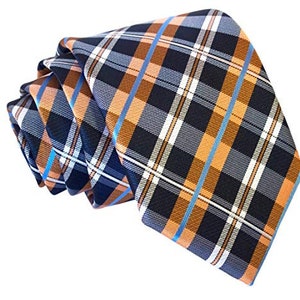 Scott Allan Collection Navy Blue and Orange Plaid Ties for Men - Jacquard Woven Striped Tie - Dark Blue & Orange Plaid Neck Tie