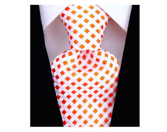 Orange and White Ties for Men - Jacquard Woven checkered Necktie - Orange Wedding Ties for Groom