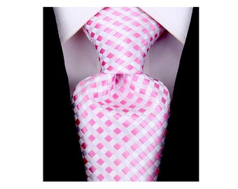 Scott Allan Pink Ties for Men | Woven Checkered Necktie | Pink & White Mens Tie | Cancer Awareness Tie | Corbatas Para rosado