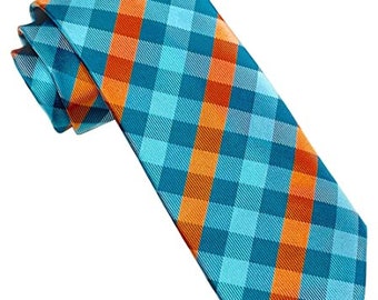 Scott Allan Turquoise and Orange Mens Tie | Gingham Plaid Ties for Men | | Turquoise Necktie's Men's | corbatas para hombre elegantes