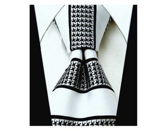 Collection Scott Allan Cravate en pied-de-poule blanche et noire - Cravates tissées - Cravate de mariage formelle blanche et noire | Cravate blanche pied-de-poule