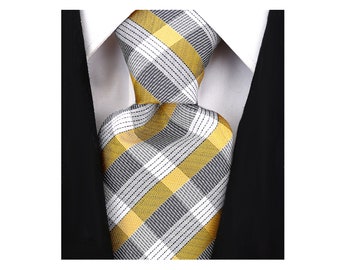 Scott Allan Gold Tie | Classic Plaid Necktie for Men | Yellow Gold and Gray Mens Tie | Corbata de oro masculina