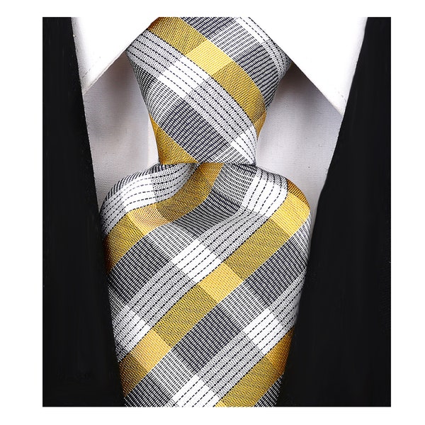 Scott Allan Gold Tie | Classic Plaid Necktie for Men | Yellow Gold and Gray Mens Tie | Corbata de oro masculina