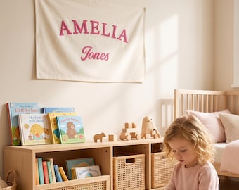 Personalized Name Pennant Flag, Custom Nursery Wall Banner, Embroidered First and Last Name Sign, Baby Room Decor