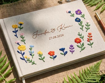 Handcrafted Embroidered Floral Wedding Album, Linen Memory Book, Personalized Rustic Keepsake for Bride, Custom Bridal Shower Gift