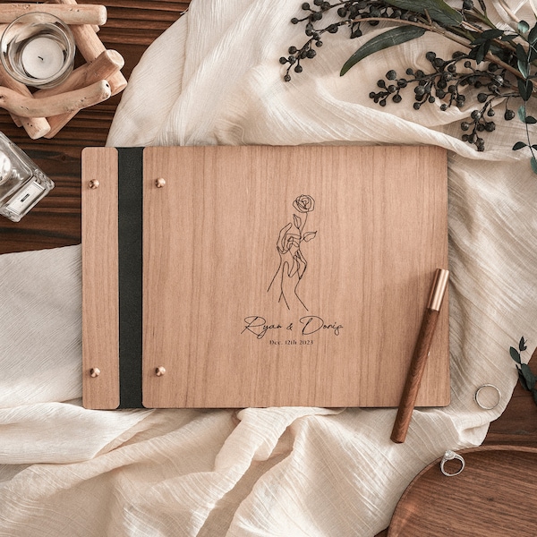 Wooden Guest book wedding, Custom rustic guest book, Wedding keepsake, Engraved polaroid photo album, Anniversary gift, Floral scrapbook