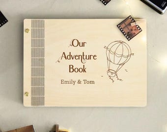 Personalized our adventure book, anniversary gift, wooden photo album, travel scrapbook, couple gift, reception guestbook, gift for her