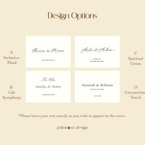 K&ouml;nnte beinhalten: Grafik mit Designoptionen f&uuml;r personalisierte Textlayouts. Vier Beispiele werden pr&auml;sentiert, jedes mit Namen und Daten in eleganten Schriftarten. Die Optionen sind mit A bis D gekennzeichnet, mit den Texten "Inclusive Mind", "Life Symphony", "Spiritual Union" und "Unconscious Touch."
