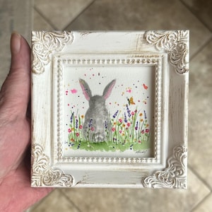 Bunny Rabbit Painting - Original Watercolor Painting - NOT a Print - Tiny Painting - Miniature Art - Watercolor Frame Included - Gift