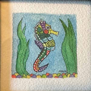 Seahorse - Original Painting - NOT a Print - TINY painting - Miniature Art - Watercolor - Frame Included