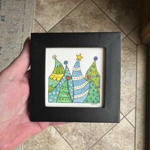 Christmas Trees II - Original Painting - NOT a Print - TINY painting - Miniature Art - Watercolor - Frame Included