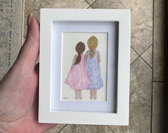 Sisters Watercolor Painting - Original Painting - NOT a Print - TINY painting - Miniature Art - Watercolor - Frame Included - Gift